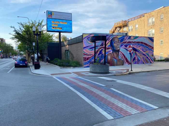 Another crosswalk was painted with the colors of the transgender flag.