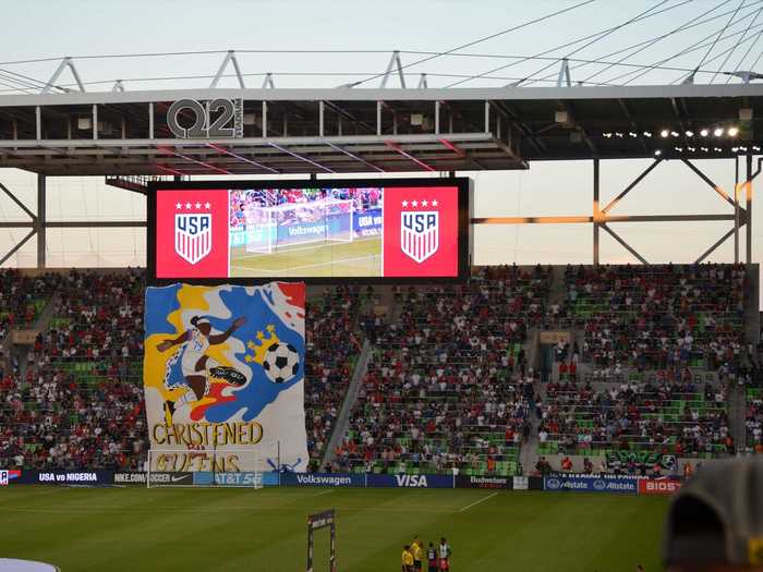 The first tifo at Q2 Stadium was a pretty cool tribute to the US Women, reading "CHRISTENED BY QUEENS."