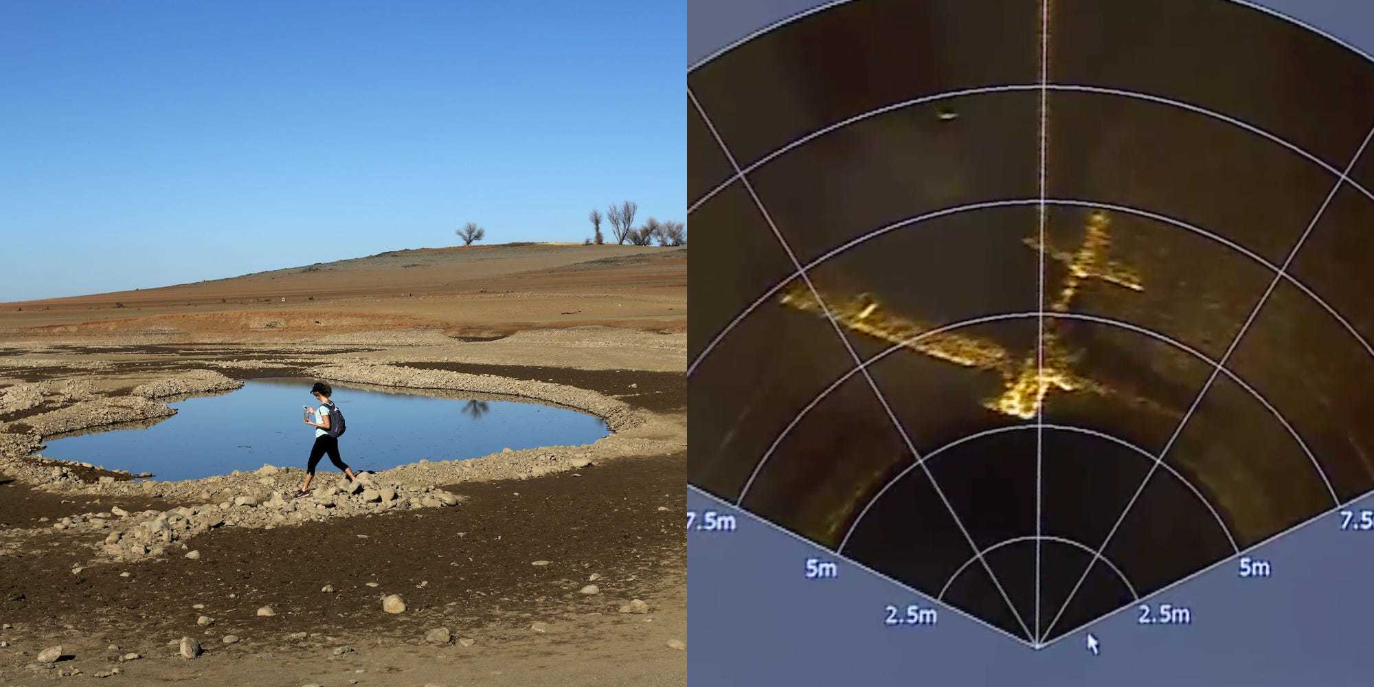 A composite image showing Folsom Lake, California, at drought levels in 2017, and a sonar image of a plane underwater there.