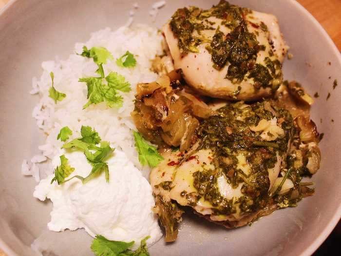 I paired the chicken thighs with rice and a dollop of yogurt, per the recipe