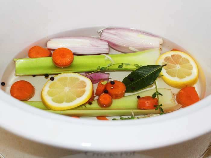 The recipe said to add vegetables and herbs to the slow cooker - it looked like a very sad soup.