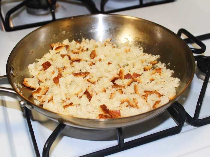 While the macaroni and cheese was cooking in the Crock-Pot, I prepared the homemade breadcrumbs.