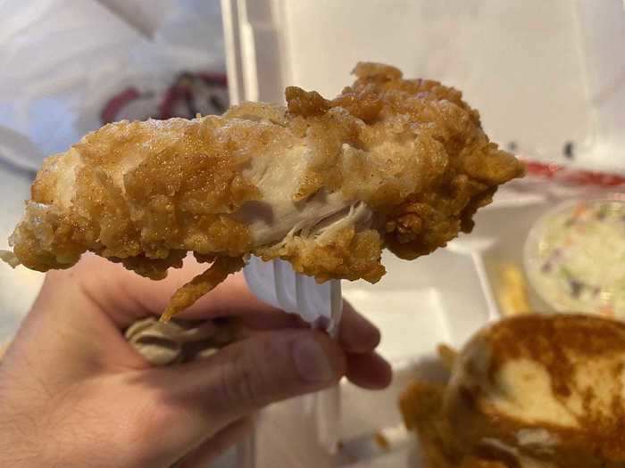 When I picked up the chicken tender, I was surprised to see a lot of the breading had fallen off.