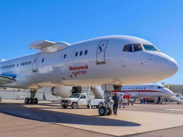 This plane can also test new aircraft engines. A mount of the side of the fuselage holds the engine while systems inside the plane monitor its performance during flight.