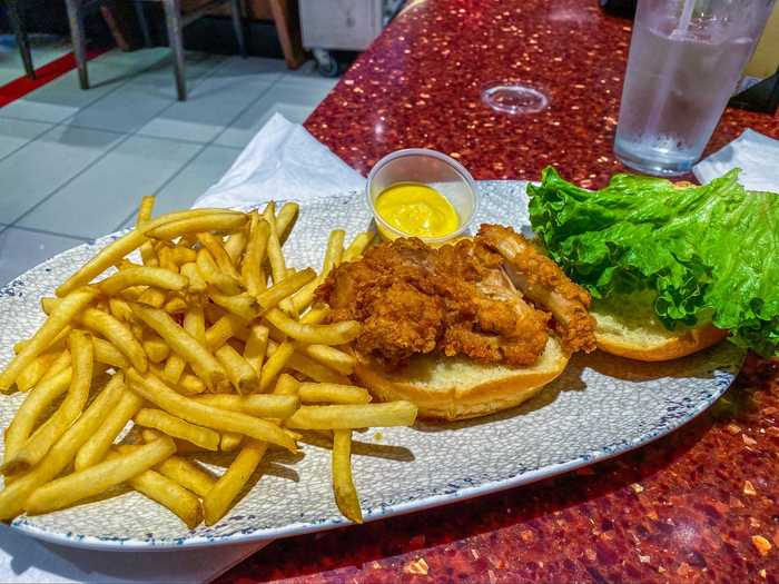 Next came the entree, a fried chicken sandwich that came with french fries. The third most expensive item on the menu, this cost $13.85.