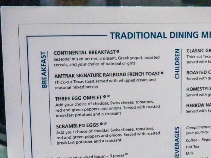 Also on offer for the optimistic morning meal is a made-to-order three-egg omelet, scrambled eggs, and a continental breakfast. Sides include hardwood smoked bacon, pork sausage links, and chicken sausage links.