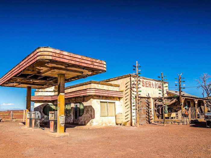 The gas station still stands on the side of a highway in Ouarzazate, Morocco, which is known as the "door to the desert" due to its proximity to the Sahara desert.