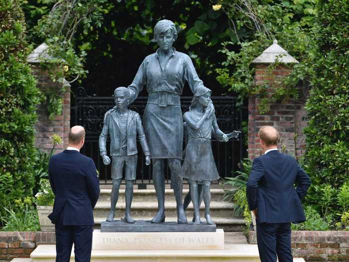 Her sons, Prince William and Prince Harry, unveiled a statue in honor of the late Princess of Wales at the Sunken Garden at London