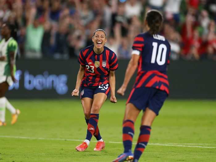 6/16: American star striker Christen Press exclaims after scoring a goal for the USWNT.