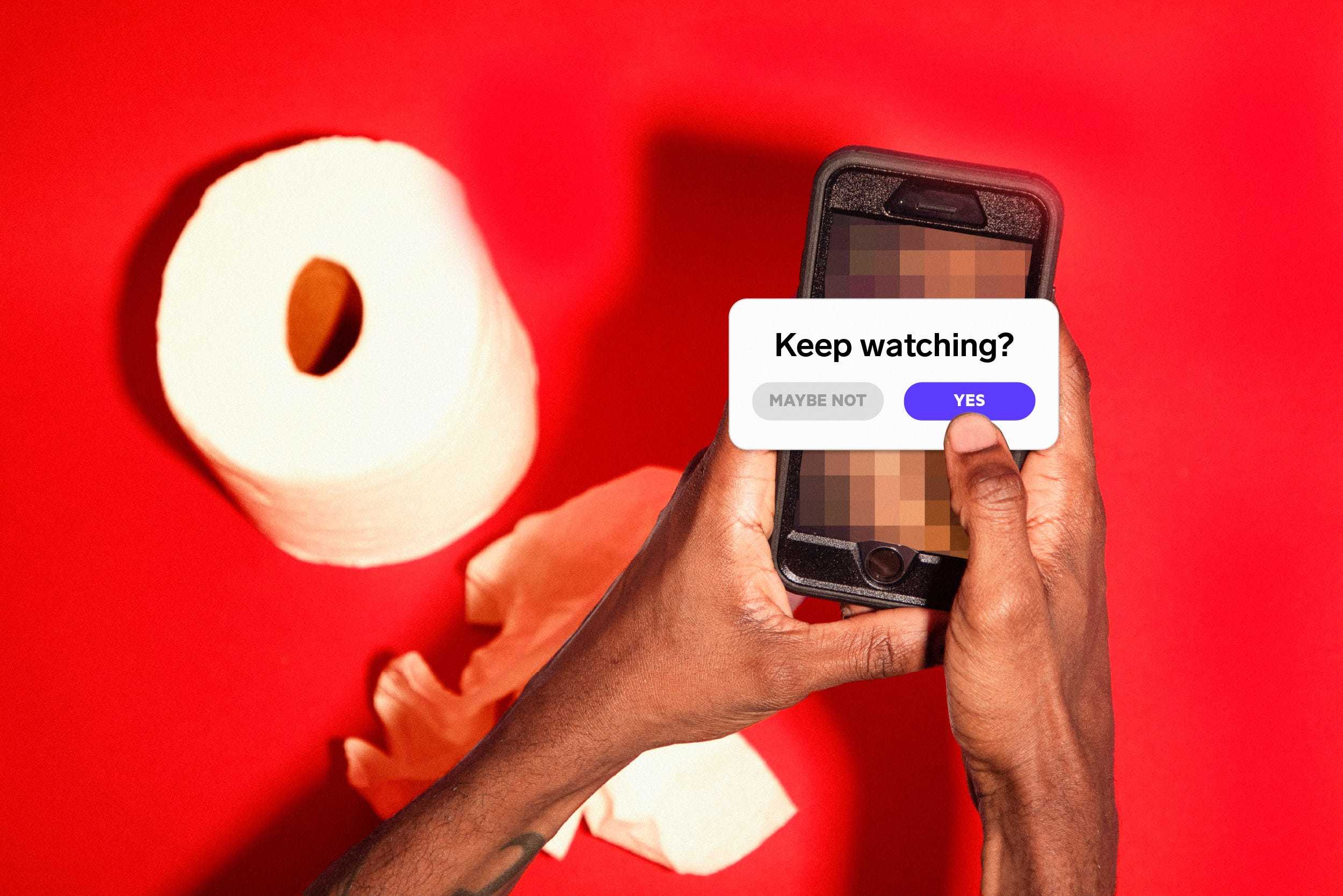 Hands holding a phone with a pixellated screen. A pop up is asking if they want to keep watching videos and their thumb is over the "yes" option. A toilet paper roll and used toilet paper is in the red background.