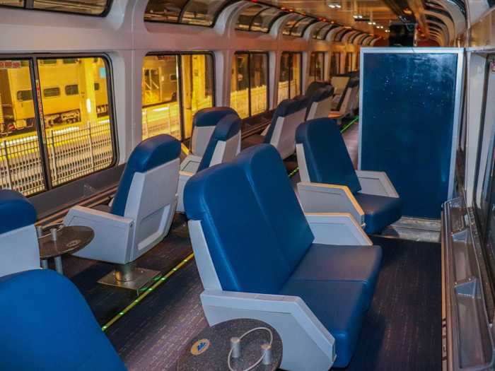 Coach and sleeper car customers have access to this shared space with seating offered on a first-come, first-serve basis.