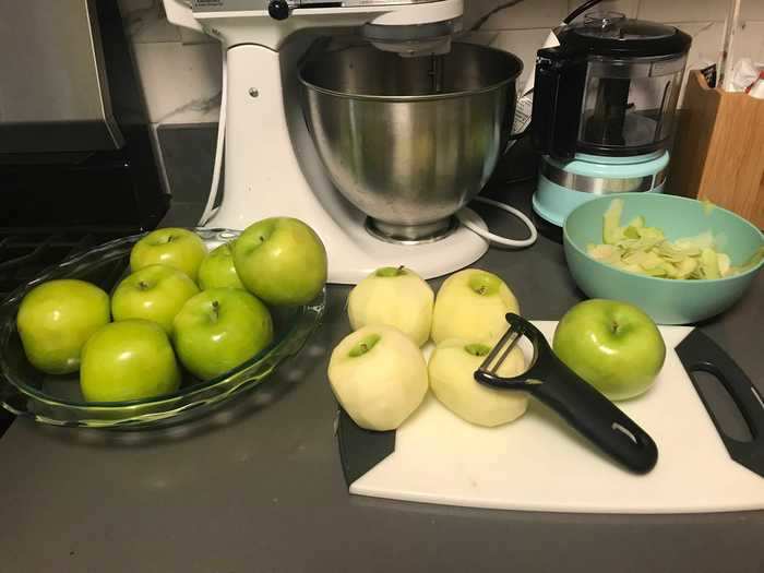 The Granny Smith apples had to be peeled, quartered, and cored before adding spices.