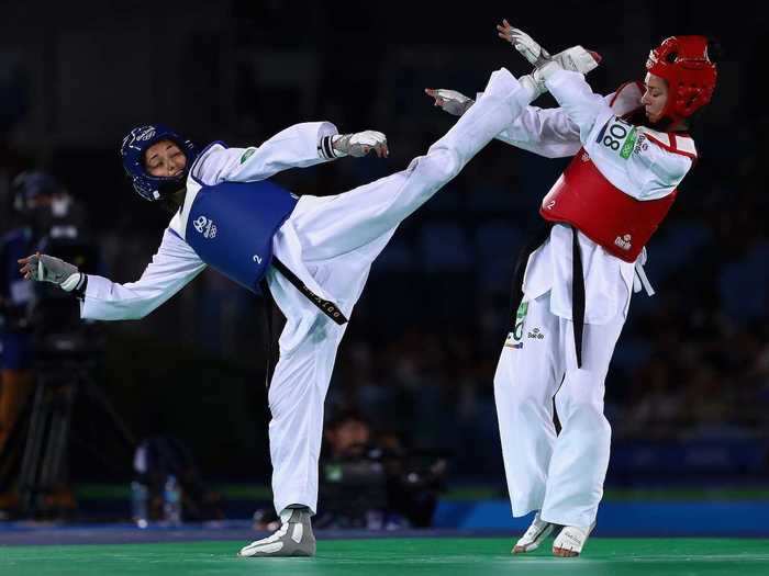 Tijana Bogdanovic of Serbia lands a high kick in women