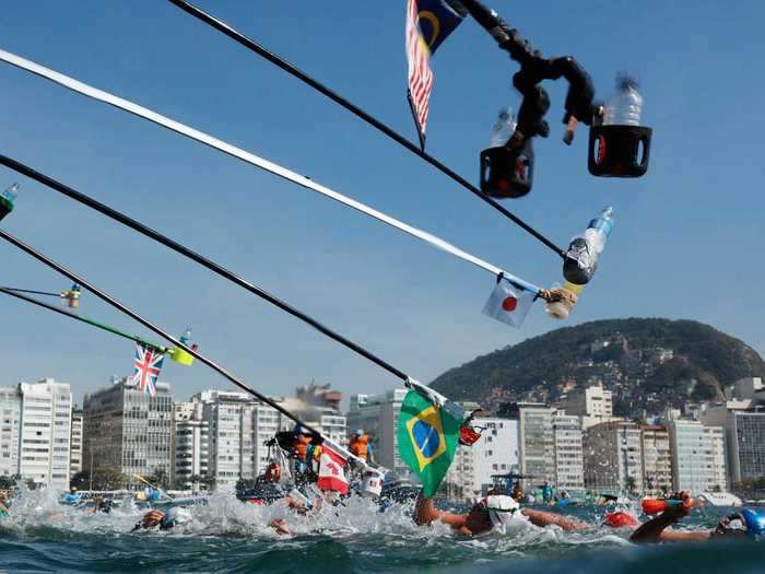 The 10km marathon swimmers grab refreshments.