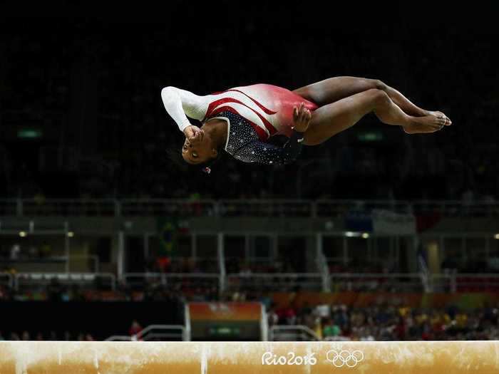 Simone Biles momentarily defeats gravity.