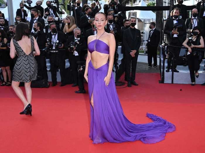 Spanish actress Ester Expósito looked stunning in a purple dress with a daring cutout.