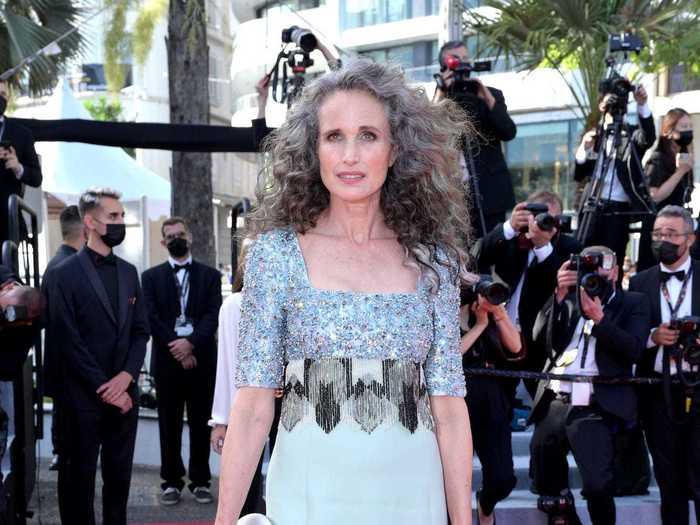 Andie MacDowell was chic in a Prada dress with elbow-length sleeves.