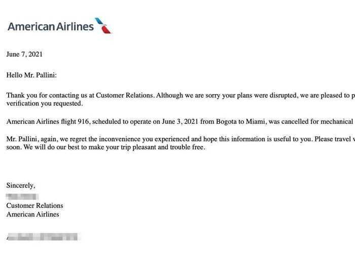 Then, I needed a verification letter from American confirming that my flight was delayed due to a covered reason. In my case, a mechanical delay.