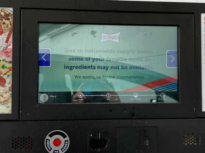 Most of the sign is a static display, but there is also a digital screen that shares information. In this case, it said that some ingredients were not available because of supply issues across the entire industry.