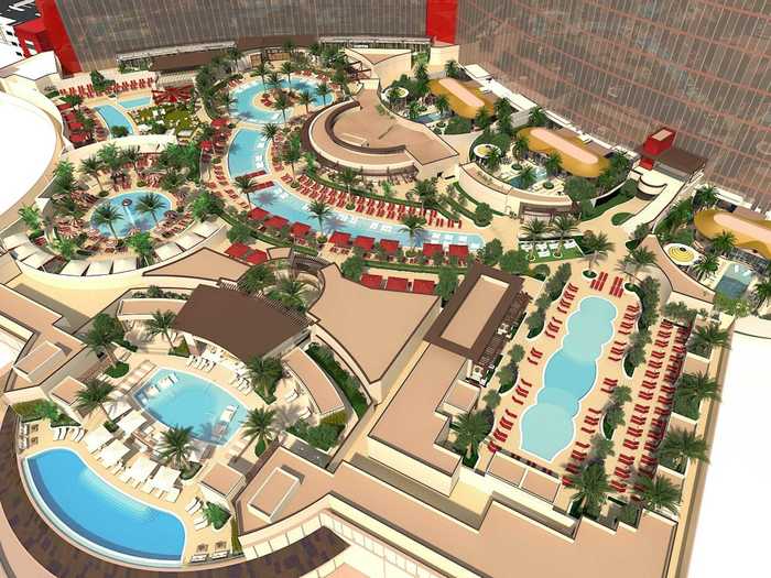 The seven pools also have what Resorts World calls the "largest pool deck in Las Vegas," as evidenced by the rendering below.