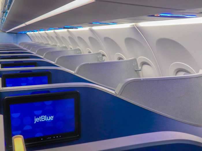 Standard at each business class seat is a 17-inch entertainment system. One of the features unique to JetBlue is that the screens can be extended during taxi, takeoff, and landing.