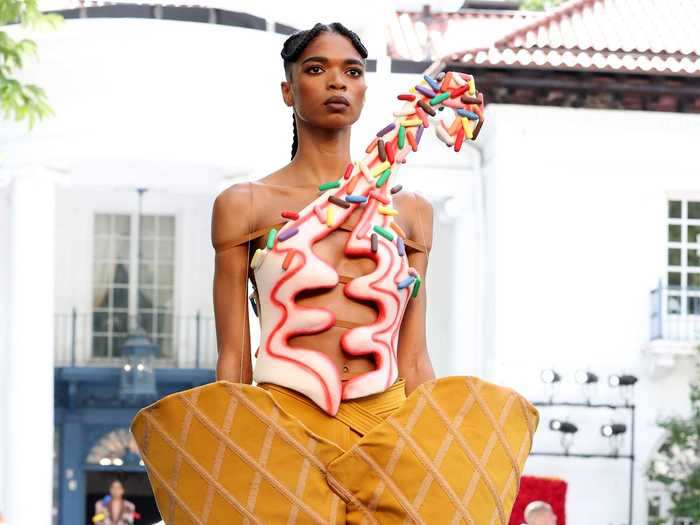 A model wearing cone pants and a sprinkle-adorned top paid tribute to Augustus Jackson, known as the "father of ice cream."