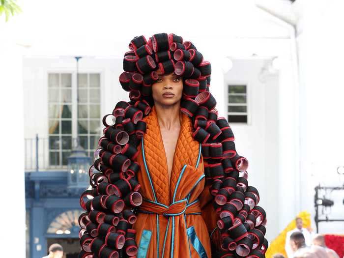 The designer paid homage to Solomon Harper with a look that showed electric hair rollers configured into a flowing headpiece.