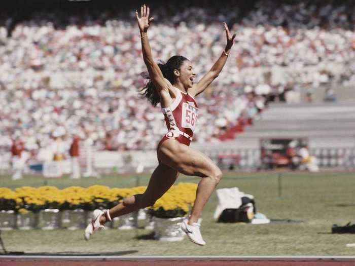 Sprinter Florence Griffith Joyner celebrated her gold medal win in 1988 in South Korea.