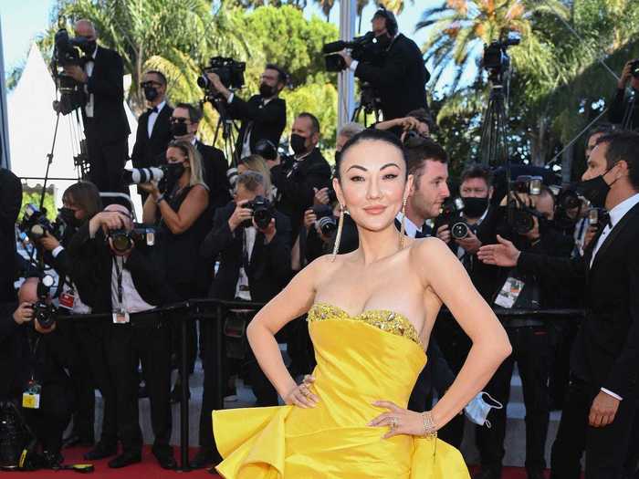 Influencer Jessica Wang looked radiant in a yellow minidress with a standout skirt.