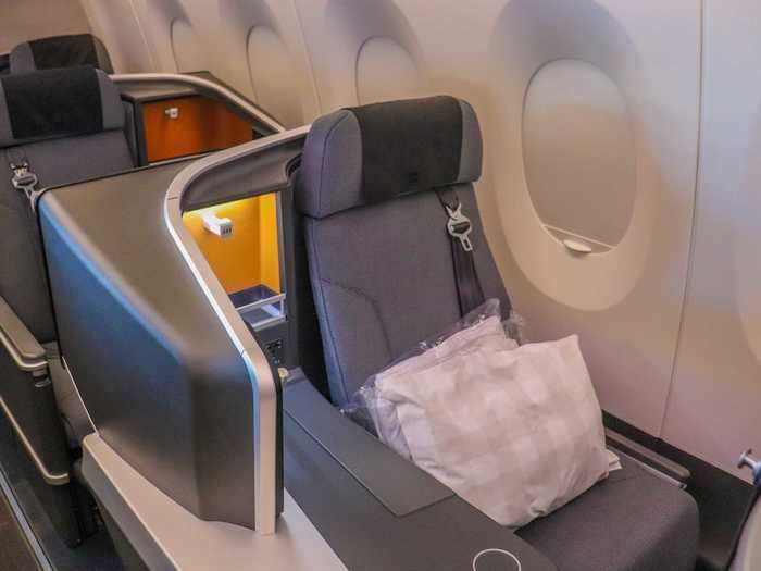 There are three distinct types of seats in this cabin, all with direct aisle access. The first type is the true window seat along the cabin wall.