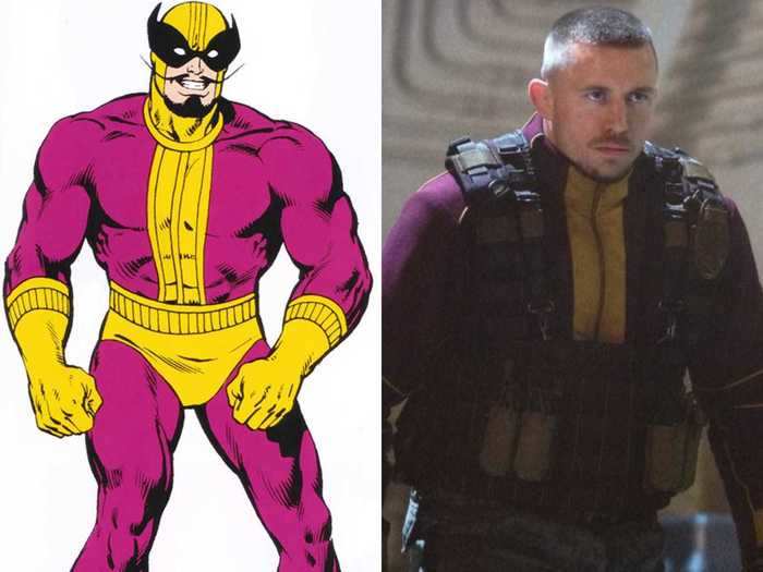 Batroc the Leaper, played by Georges St-Pierre in the MCU, wears a muted purple and yellow outfit as a nod to his flamboyant comics costume.