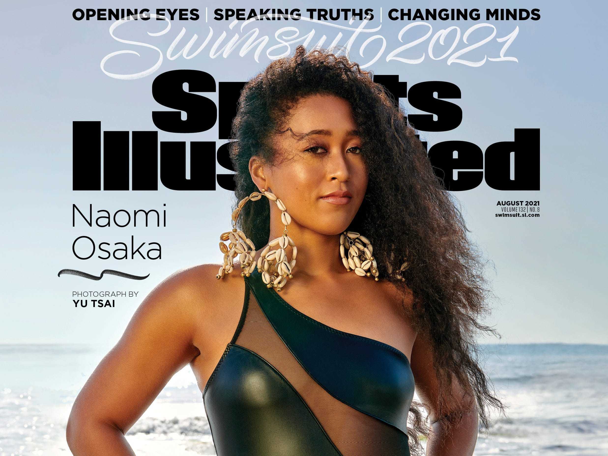 Naomi Osaka stands in front of an ocean in a black, sheer swimsuit on the cover of "Sports Illustrated."