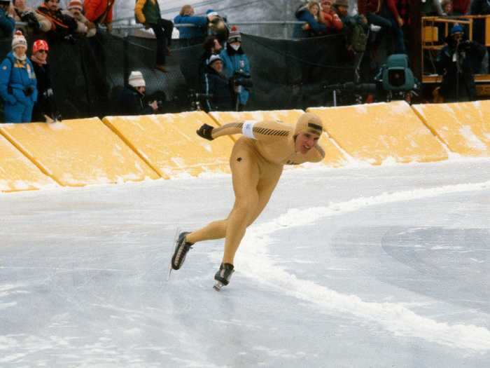 Speed skater Eric Heiden wore a head-to-toe gold outfit to the 1980 Olympics.