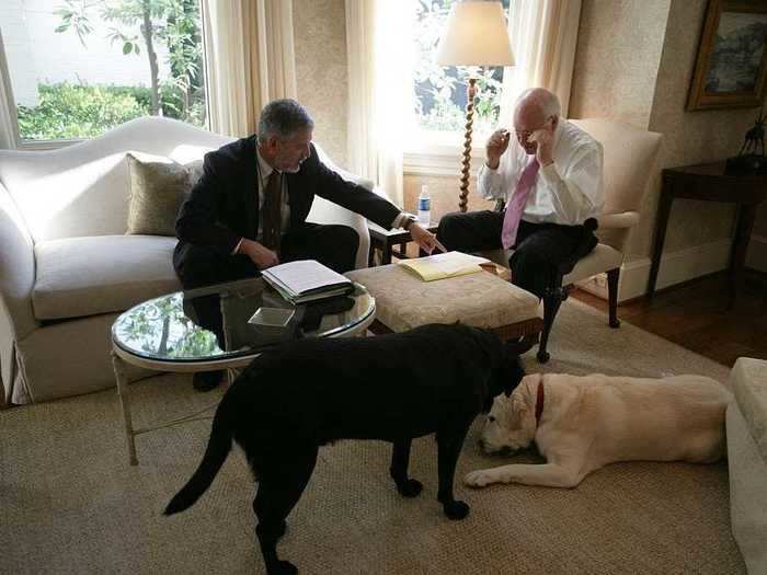 The library, where Cheney often held meetings, featured cream furniture, walls, and rugs.