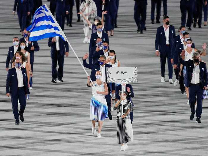 As is tradition, Greece was the first country to make its entrance. Their delegation of 82 athletes was led by flag bearers Anna Korakaki and Eleftherios Petrounias.