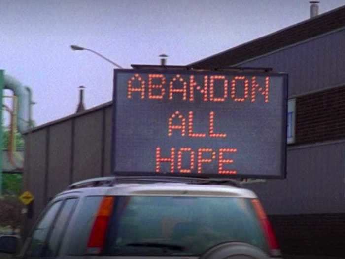 In "Confessions of a Teenage Drama Queen," Lola passes a rather alarming sign on the drive into New Jersey.