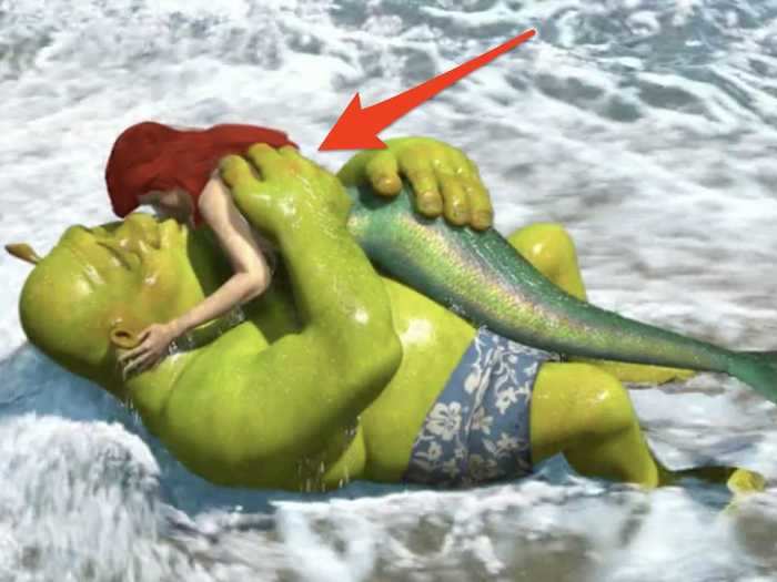 Shrek accidentally makes out with a psuedo-Ariel in "Shrek 2."