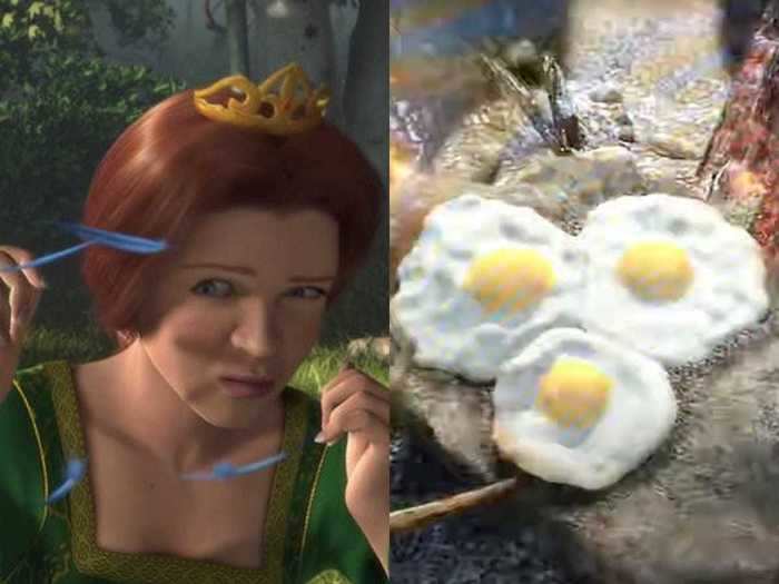 After accidentally blowing up a bird in "Shrek," Fiona fries up its eggs for breakfast.