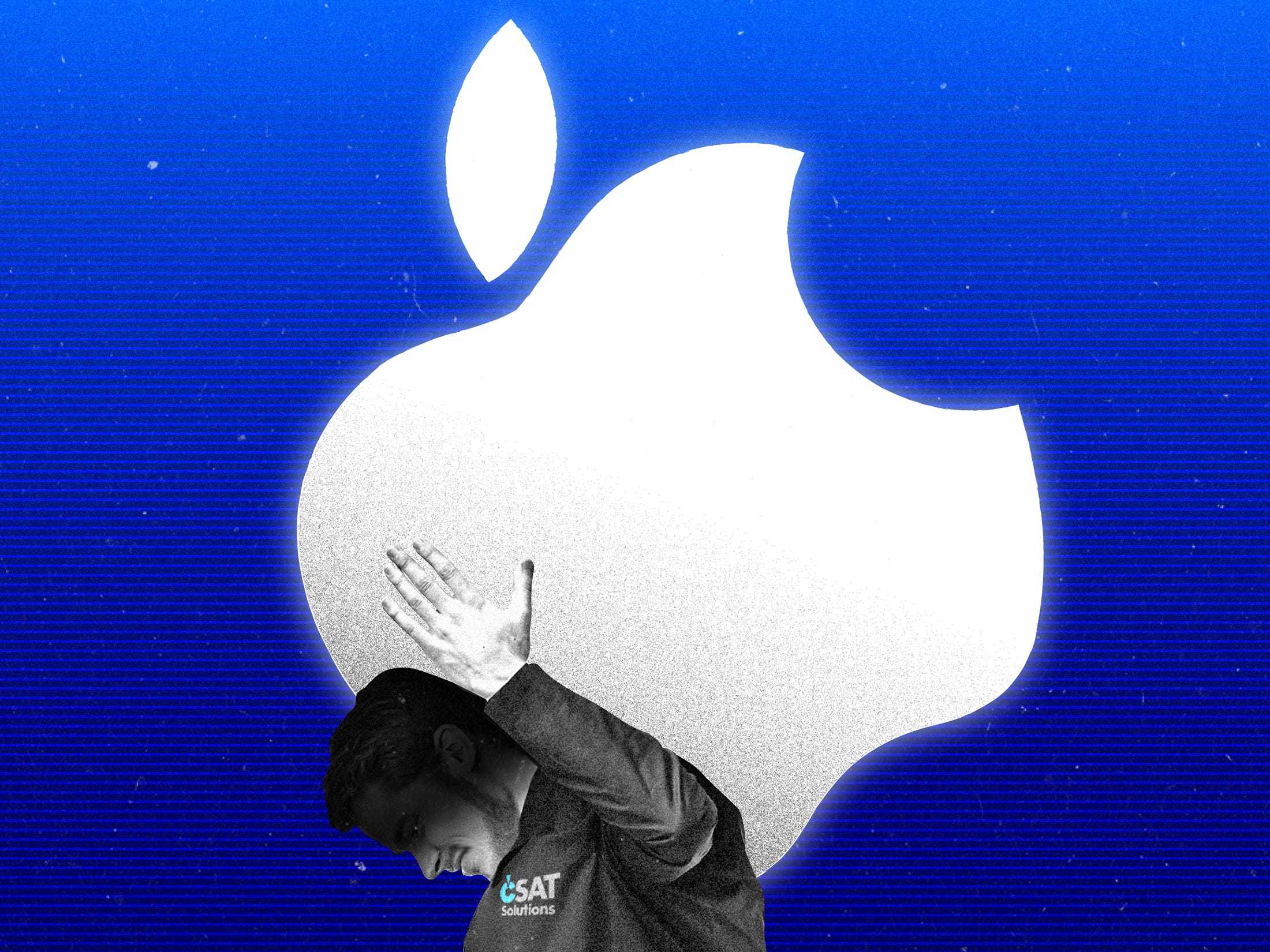 CSAT Solutions employee carrying a large Apple logo on their back on a light to dark blue gradient background