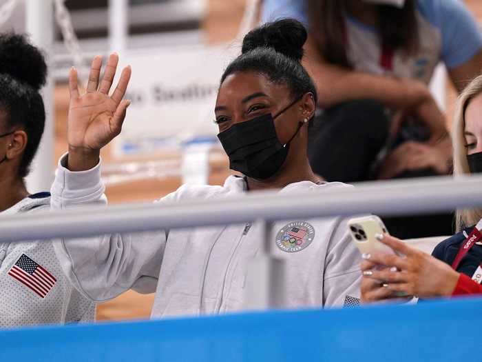 Biles also sat in the stands and cheered on other gymnasts after dropping out of her second Olympics event.