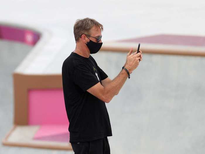 Tony Hawk was seen taking photos like a proud dad at the women