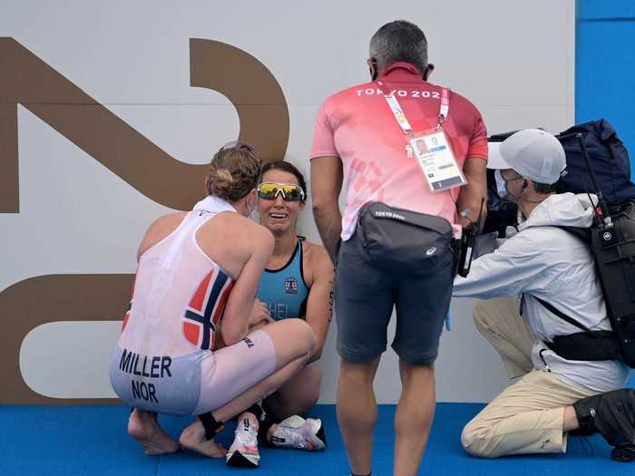 Triathlete Lotte Miller paused after the women