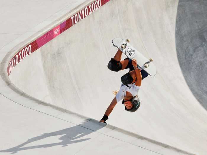 7/31: Sky Brown of Team Great Britain gets inverted during training at the Tokyo Olympics.