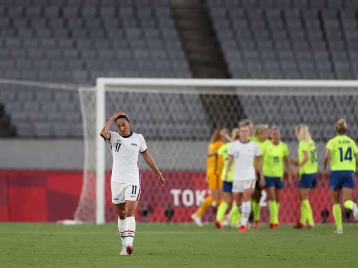 7/21: USWNT star Christen Press reacts after surrendering a goal against Sweden at the Tokyo Olympics.