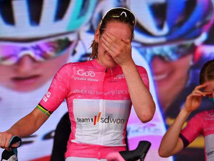 7/11: Dutch cyclist Anna Van Der Breggen celebrates upon winning the Giro d