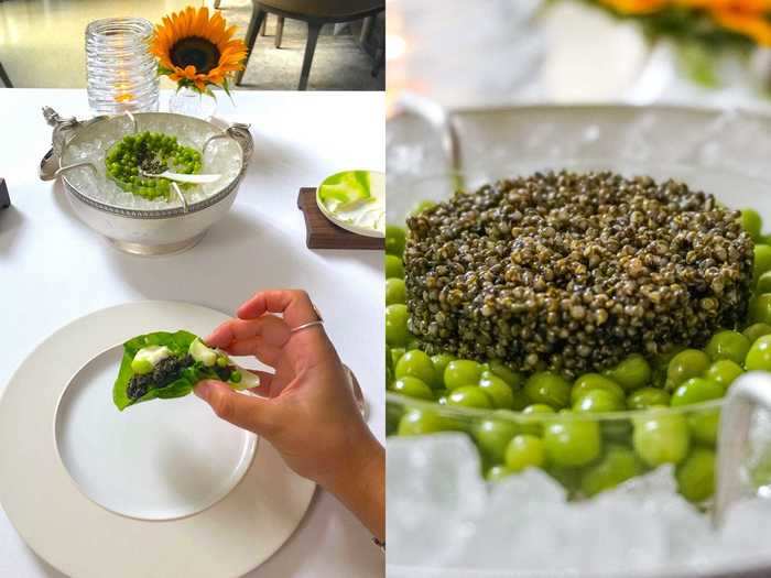 A server brought a caviar dish and mother-of-pearl spoon to my table and I briefly forgot that this meal was plant-based.