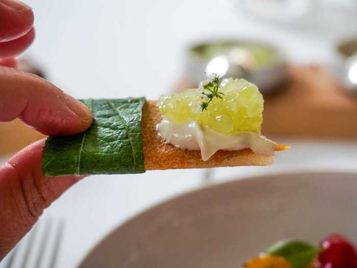 The tomato course continued with a dish of the fruit, dosa, and two dipping options.