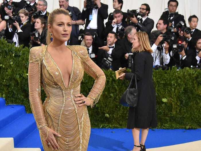 The actress wore a semi-sheer gold gown to the Met Gala in May 2017.