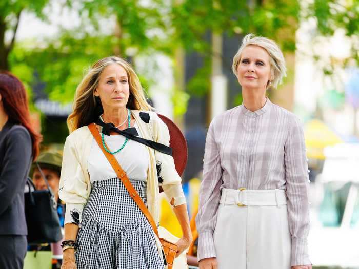 Cynthia Nixon also rocked a chic look on the first day of shooting in Manhattan.