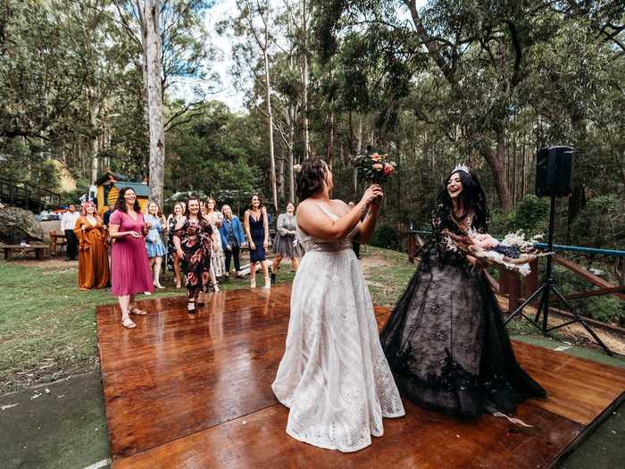 They did a joint bouquet toss as well.